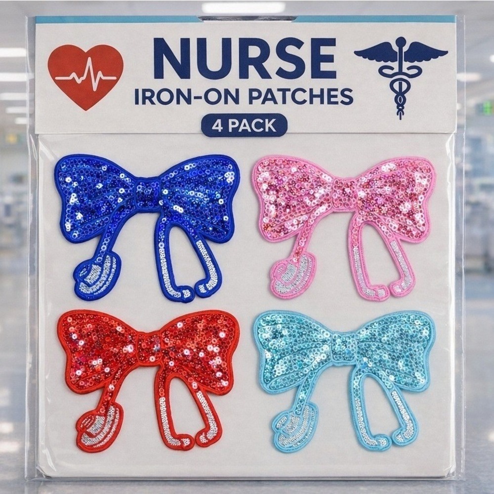 Nurse Iron On Patches 4 Pack Sequin Stethoscope Bow Appliques for Scrubs Multi